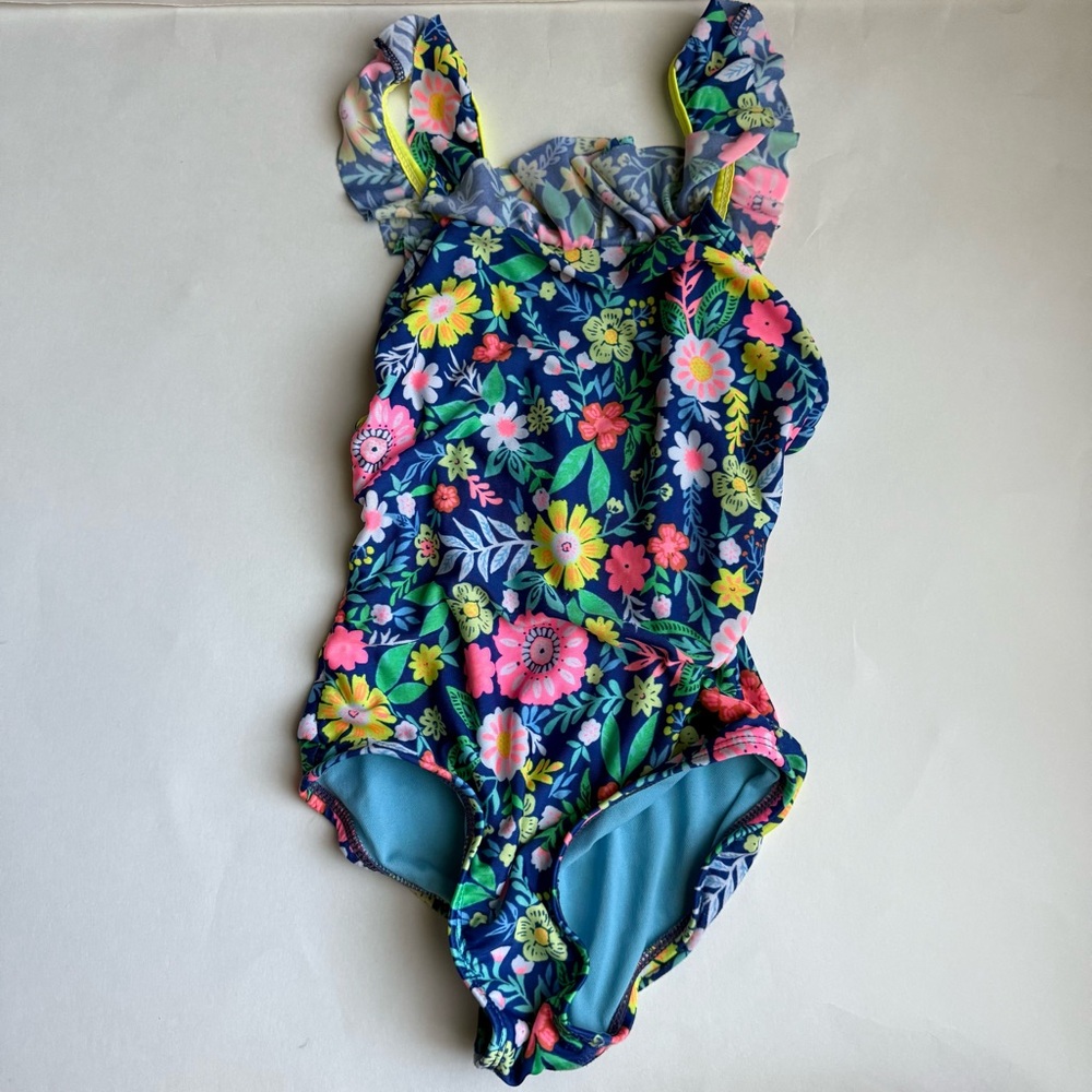 🍭 Cat & Jack Girls Blue Floral One-Piece Swimsuit - Size Small (6/6X) (Used)